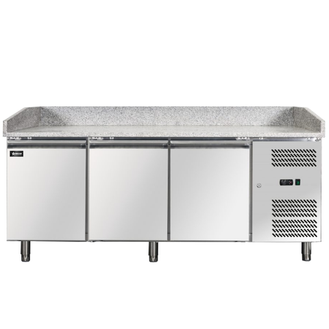 Omcan PT-CN-0580 - 79.5" Refrigerated Pizza Prep Table with Three Doors and Granite Top
