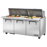 True TSSU-72-30M-B-ST-HC - 72" Mega Top Refrigerated Prep Table with Three Doors