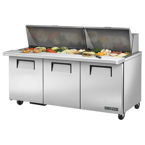 True TSSU-72-30M-B-ST-HC - 72" Mega Top Refrigerated Prep Table with Three Doors