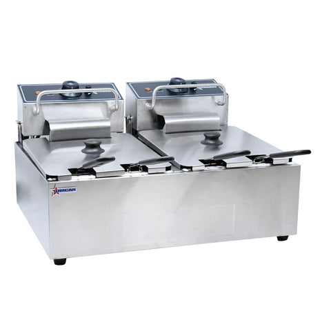 Omcan 34868 - 6 qt (7 Liters) Double Countertop Electric Fryer – 110V, 1Ph, 1350W (x2)