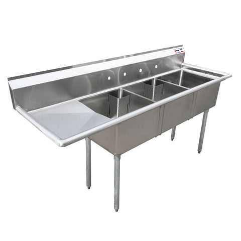 Omcan 24″ x 24″ x 14″ 18-gauge stainless steel Three Tub Sink with 1.8″ Corner Drain (No drainboard, left, right, two sides)