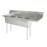 Omcan 24″ x 24″ x 14″ 18-gauge stainless steel Three Tub Sink with 1.8″ Corner Drain (No drainboard, left, right, two sides)
