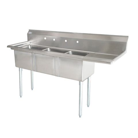 Omcan 24″ x 24″ x 14″ 18-gauge stainless steel Three Tub Sink with 1.8″ Corner Drain (No drainboard, left, right, two sides)