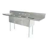 Omcan 24″ x 24″ x 14″ 18-gauge stainless steel Three Tub Sink with 1.8″ Corner Drain (No drainboard, left, right, two sides)