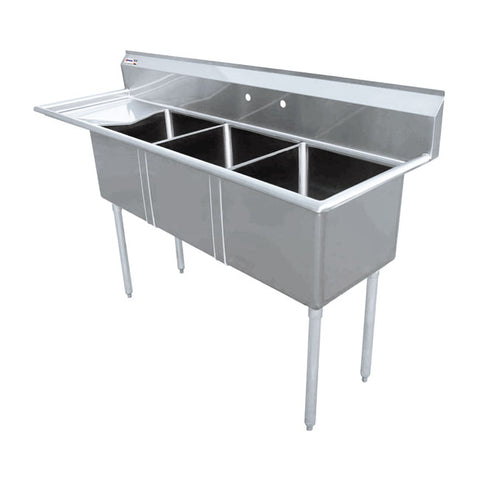 Omcan 18″ x 21″ x 14″ 18-gauge stainless steel Three Tub Sink with 1.8″ Corner Drain (No drainboard, left, right, two sides)