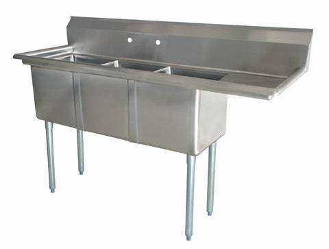 Omcan 18″ x 21″ x 14″ 18-gauge stainless steel Three Tub Sink with 1.8″ Corner Drain (No drainboard, left, right, two sides)