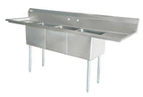 Omcan 18″ x 21″ x 14″ 18-gauge stainless steel Three Tub Sink with 1.8″ Corner Drain (No drainboard, left, right, two sides)