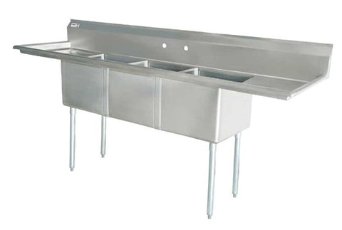 Omcan 18″ x 21″ x 14″ 18-gauge stainless steel Three Tub Sink with 1.8″ Corner Drain (No drainboard, left, right, two sides)