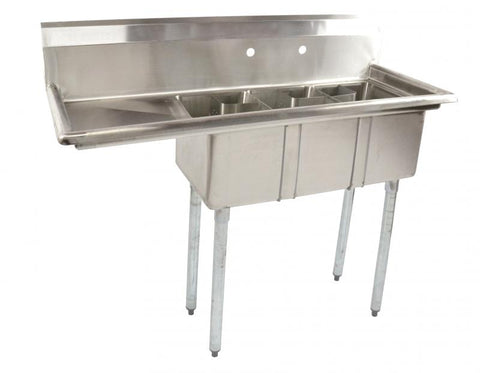 Omcan 10″ x 14″ x 10″ Stainless Steel Three Tub Space Saver Sink with Corner Drain (No drainboard, left, right, two sides)