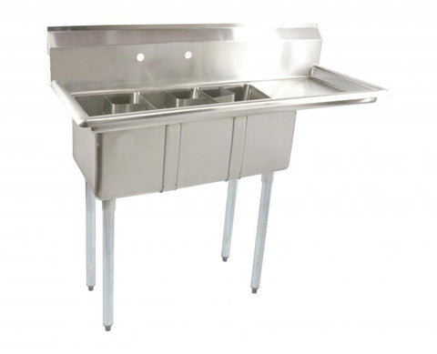 Omcan 10″ x 14″ x 10″ Stainless Steel Three Tub Space Saver Sink with Corner Drain (No drainboard, left, right, two sides)