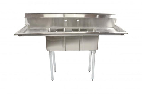 Omcan 10″ x 14″ x 10″ Stainless Steel Three Tub Space Saver Sink with Corner Drain (No drainboard, left, right, two sides)