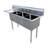 Omcan 10″ x 14″ x 10″ 18-gauge stainless steel Three Tub Sink with 3.5″ Center Drain (No drainboard, left, right, two sides)