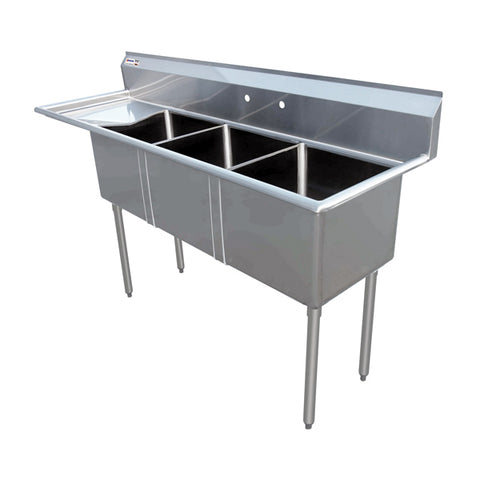 Omcan 10″ x 14″ x 10″ 18-gauge stainless steel Three Tub Sink with 3.5″ Center Drain (No drainboard, left, right, two sides)