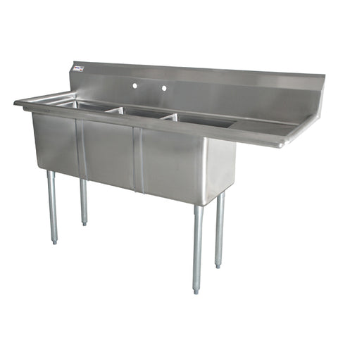 Omcan 10″ x 14″ x 10″ 18-gauge stainless steel Three Tub Sink with 3.5″ Center Drain (No drainboard, left, right, two sides)