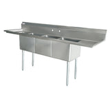 Omcan 10″ x 14″ x 10″ 18-gauge stainless steel Three Tub Sink with 3.5″ Center Drain (No drainboard, left, right, two sides)