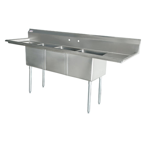 Omcan 10″ x 14″ x 10″ 18-gauge stainless steel Three Tub Sink with 3.5″ Center Drain (No drainboard, left, right, two sides)
