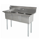 Omcan 10″ x 14″ x 10″ 18-gauge stainless steel Three Tub Sink with 3.5″ Center Drain (No drainboard, left, right, two sides)