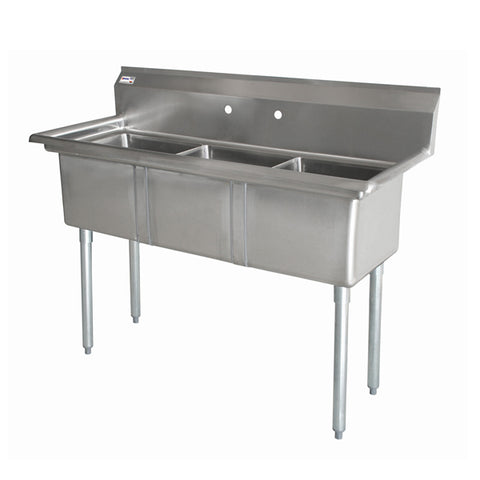 Omcan 10″ x 14″ x 10″ 18-gauge stainless steel Three Tub Sink with 3.5″ Center Drain (No drainboard, left, right, two sides)
