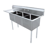 Omcan 18″ x 21″ x 14″ 18-gauge stainless steel Three Tub Sink with 3.5″ Center Drain (No drainboard, left, right, two sides)