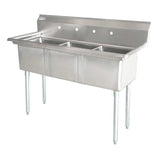 Omcan 24″ x 24″ x 14″ 18-gauge stainless steel Three Tub Sink with 3.5″ Corner Drain (No drainboard, left, right, two sides)