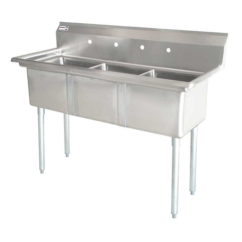 Omcan 24″ x 24″ x 14″ 18-gauge stainless steel Three Tub Sink with 3.5″ Corner Drain (No drainboard, left, right, two sides)