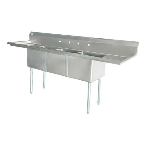 Omcan 24″ x 24″ x 14″ 18-gauge stainless steel Three Tub Sink with 3.5″ Corner Drain (No drainboard, left, right, two sides)