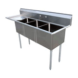 Omcan 18″ x 18″ x 11″ 18-gauge stainless steel Three Tub Sink with 1.8″ Corner Drain (No drainboard, left, right, two sides)