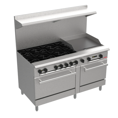 BakeMax BAS36-24-2 Commercial 60 Inch 6 Burner Gas Range with 24 Inch Wide Manual Gas Griddle and Two Bakery Ovens