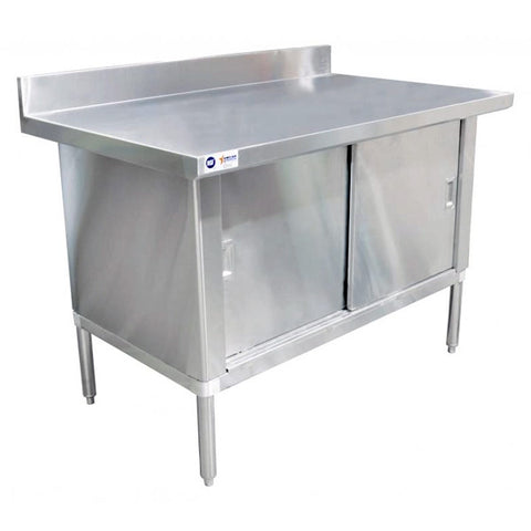 Omcan - Stainless Steel Work Table with Cabinet & Backsplash - 30" Deep, Overhanging Edge