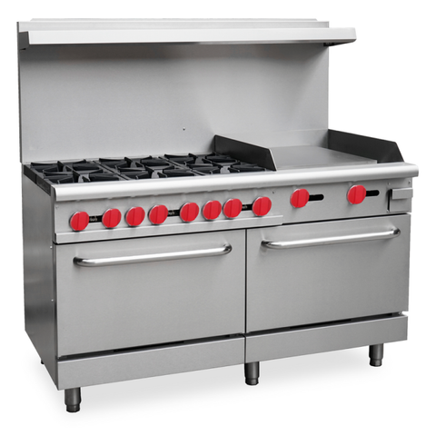 Omcan CE-CN-0006 - 60" Commercial Gas Range with 6 Open Burners, 20" Griddle & 2 Ovens