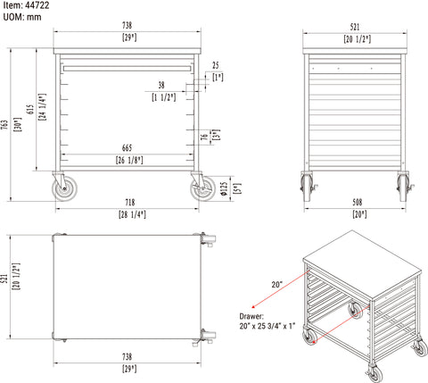 Omcan 44722 - 29″ x 20 1/2″ x 30″ Aluminum Multi-Utility Cart with Cutting Board Drawer and 6 Pan Slots