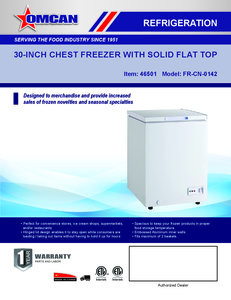 Omcan 46501 - 30" One (1) Door Chest Freezer with Solid Flat Top, 4.94 cu.ft. (140 L)
