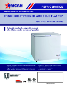 Omcan 46502 - 37" One (1) Door Chest Freezer with Solid Flat Top, 6.7 cu.ft. (190 L)