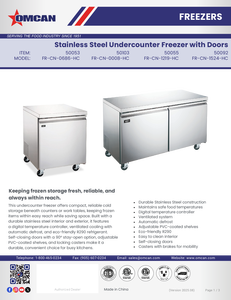Omcan 50053 - 27″ One (1) Door Undercounter Freezer, 6.3 cu.ft. (177 L), Stainless Steel
