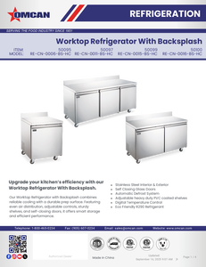 Omcan 50100 - 72″ Three (3) Door Worktop Refrigerator With Backsplash, 17 cu.ft (481 L), Stainless Steel