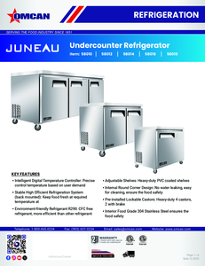 Omcan 58016 - Juneau 60″ Two (2) Door Undercounter Refrigerator, 8.9 cu.ft. (252 L), Stainless Steel