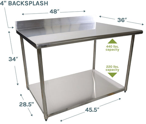 VacMaster Steel 36" X 48" 18-Gauge Stainless Steel Work Table with 4" Backsplash