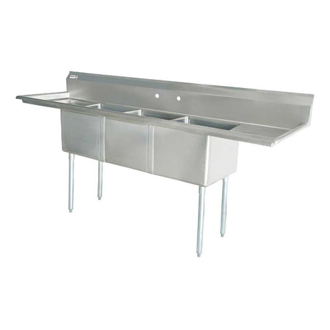 Omcan 18″ x 18″ x 11″ 18-gauge stainless steel Three Tub Sink with 1.8″ Corner Drain (No drainboard, left, right, two sides)