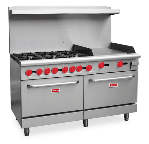 Omcan 46028 - 60″ Commercial Gas Range with 6 Burners, 24″ Griddle and 2 Standard Ovens 282,000 BTU – Natural Gas