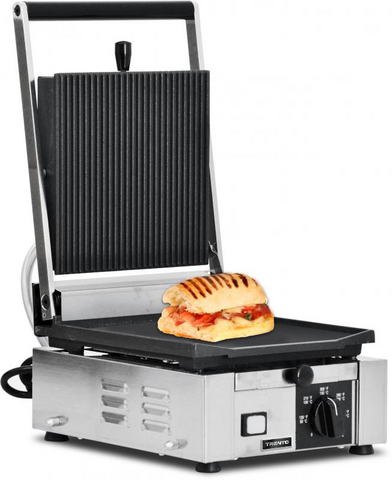 Omcan 11376 - Trento 10″ x 9″ Single Panini Grill with Grooved Top and Smooth Bottom Grill Surface