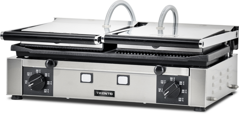 Omcan 11380 - Trento 10″ x 19″ Double Panini Grill with Ribbed Top and 1/2 Grooved and Smooth Bottom Grill Surface