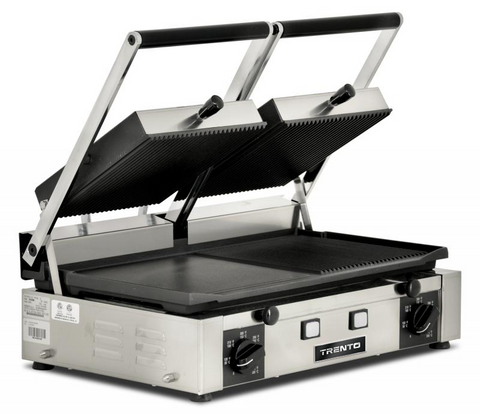 Omcan 11380 - Trento 10″ x 19″ Double Panini Grill with Ribbed Top and 1/2 Grooved and Smooth Bottom Grill Surface