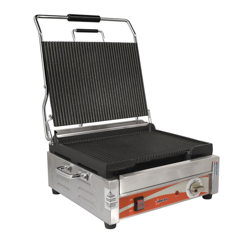 Omcan 19936 - Single Panini Grill with Grooved Plates – 12″ x 15″ Cooking Surface – 120V, 1800W
