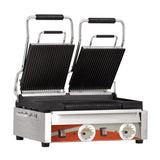 Omcan 19937 - Double Panini Grill with Grooved Plates – 10″ x 18″ Cooking Surface – 220V, 3200W
