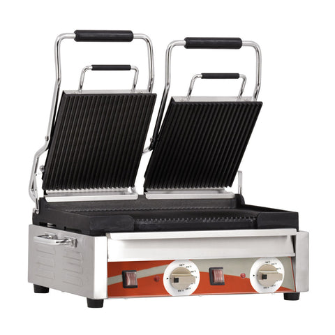 Omcan 19937 - Double Panini Grill with Grooved Plates – 10″ x 18″ Cooking Surface – 220V, 3200W