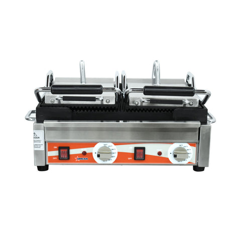 Omcan 19937 - Double Panini Grill with Grooved Plates – 10″ x 18″ Cooking Surface – 220V, 3200W