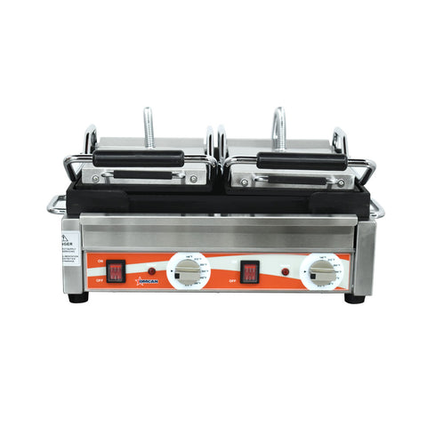 Omcan 21466 - Double Panini Grill with Smooth Plates – 10″ x 18″ Cooking Surface – 220V, 3200W