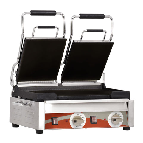 Omcan 21466 - Double Panini Grill with Smooth Plates – 10″ x 18″ Cooking Surface – 220V, 3200W