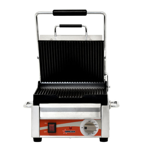 Omcan 31461 - Single Panini Grill with Grooved Plates – 10″ x 11″ Cooking Surface – 120V, 1500W