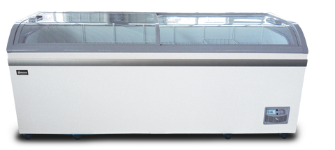 Omcan 37815 - 79″ Two (2) Door Ice Cream Display Chest Freezer with Curved Glass Top, 24.72 cu.ft. (700 L)